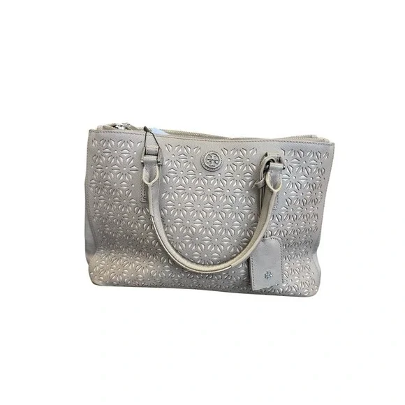 Tory Burch Robinson Laser Cut Satchel Bag Taupe - Picture 2 of 5